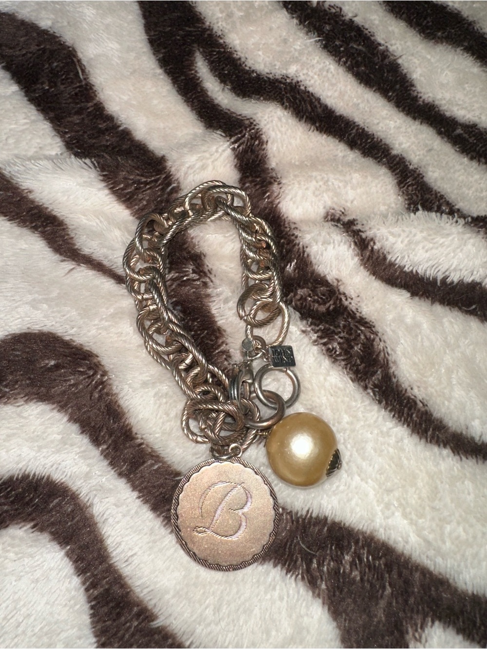 John Wind Monogram 'B' Gold-Tone Charm Bracelet with Pearl Accent